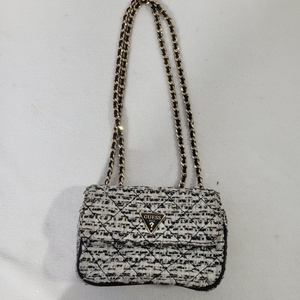 Guess Cessily Satchel Purse Handbag Black And White Gold Chain And Black Strap